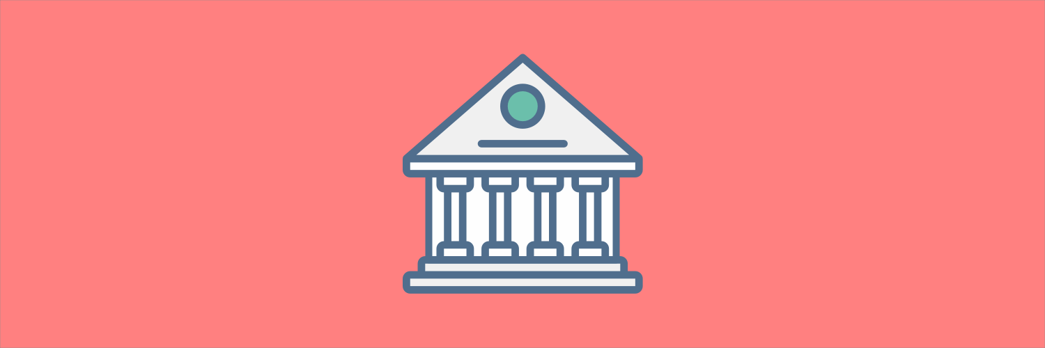 banner with a 2D icon of a bank building centred on a orange background