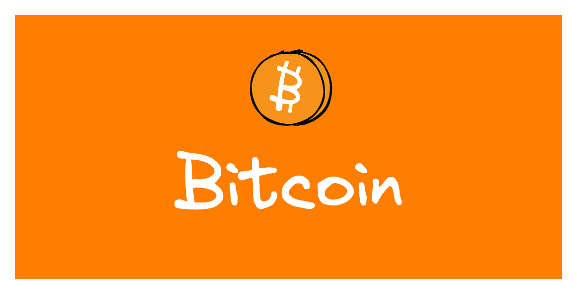banner with a scribbly drawn Bitcoin with the word 'Bitcoin' underneath it on an orange background
