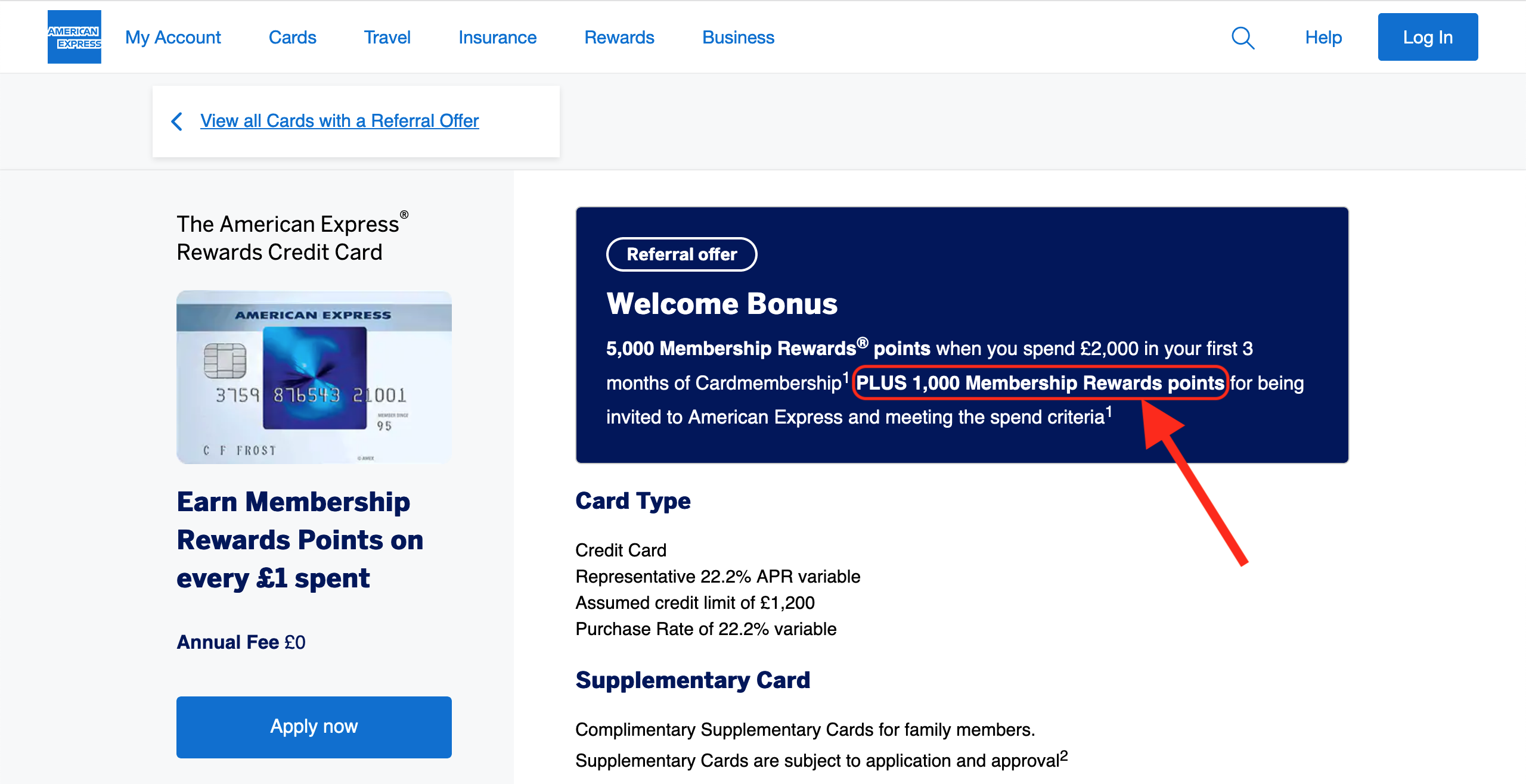 Screenshot of the American Express website showing the welcome bonus offer on The American Express Rewards Credit Card