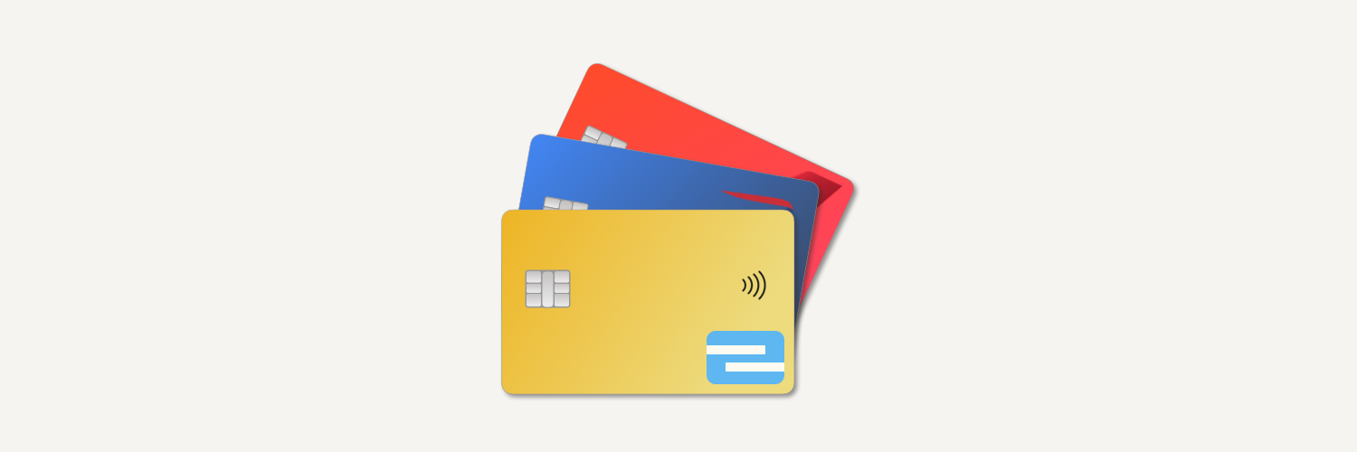 banner with three credit cards fanned out and centred on a off white background