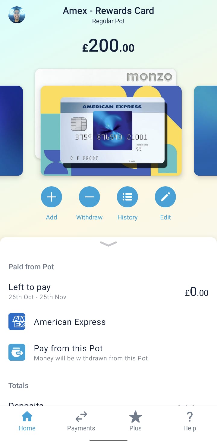 Screenshot of a Monzo pot name &lsquo;Amex - Rewards Card&rsquo; with an American Express direct debit linked to it