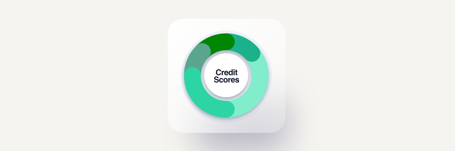 banner with a square icon with a circle of green hues with the words Credit Scores in the centre of the circle on a off white background