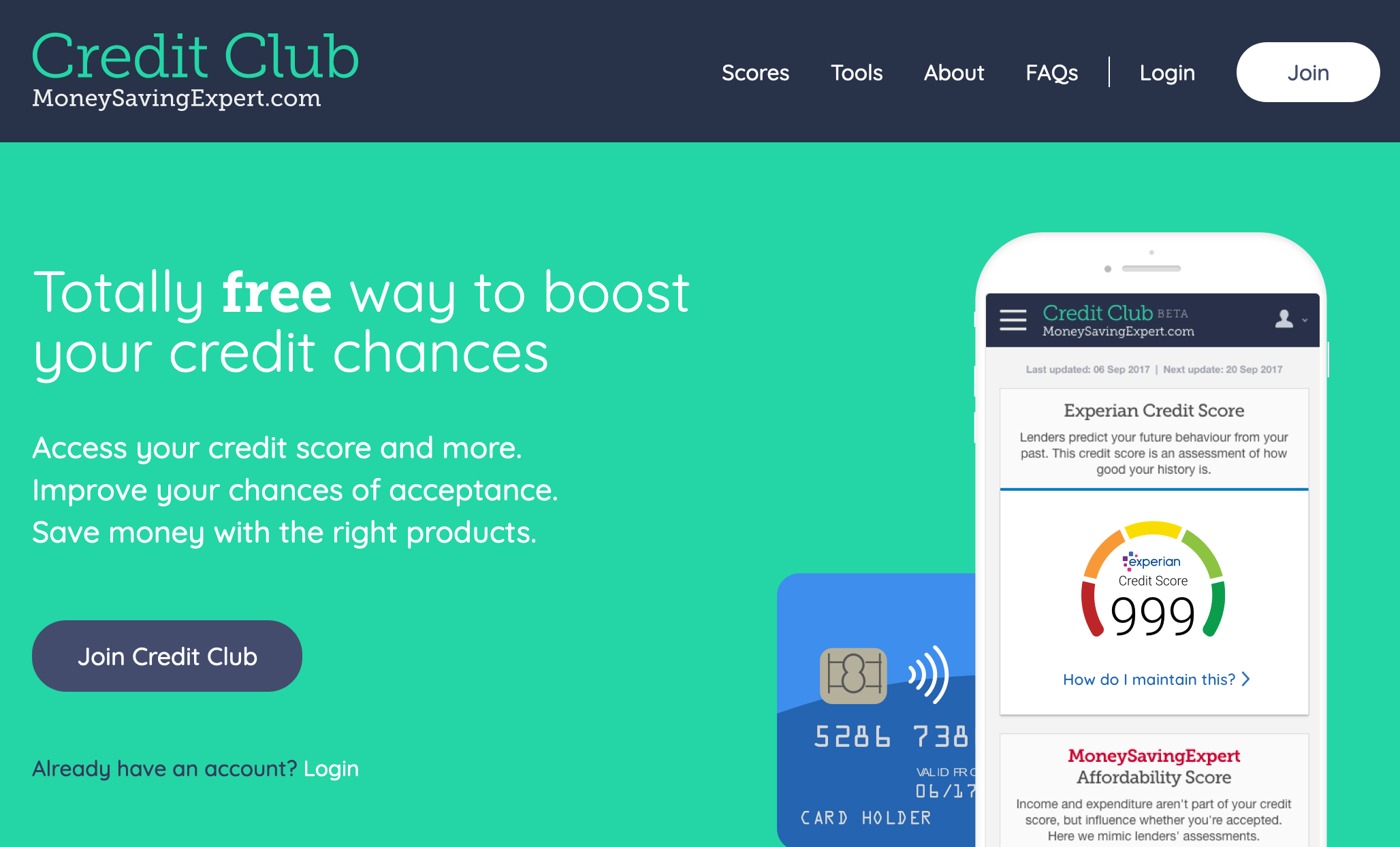 Screenshot of the Money Saving Expert Credit Club landing page