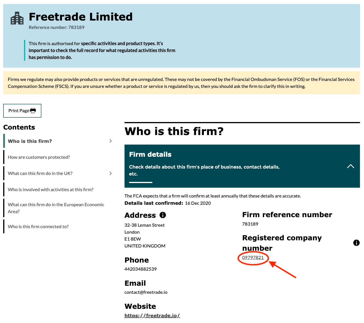 Screenshot of Freetrade&rsquo;s entry in the FCA register