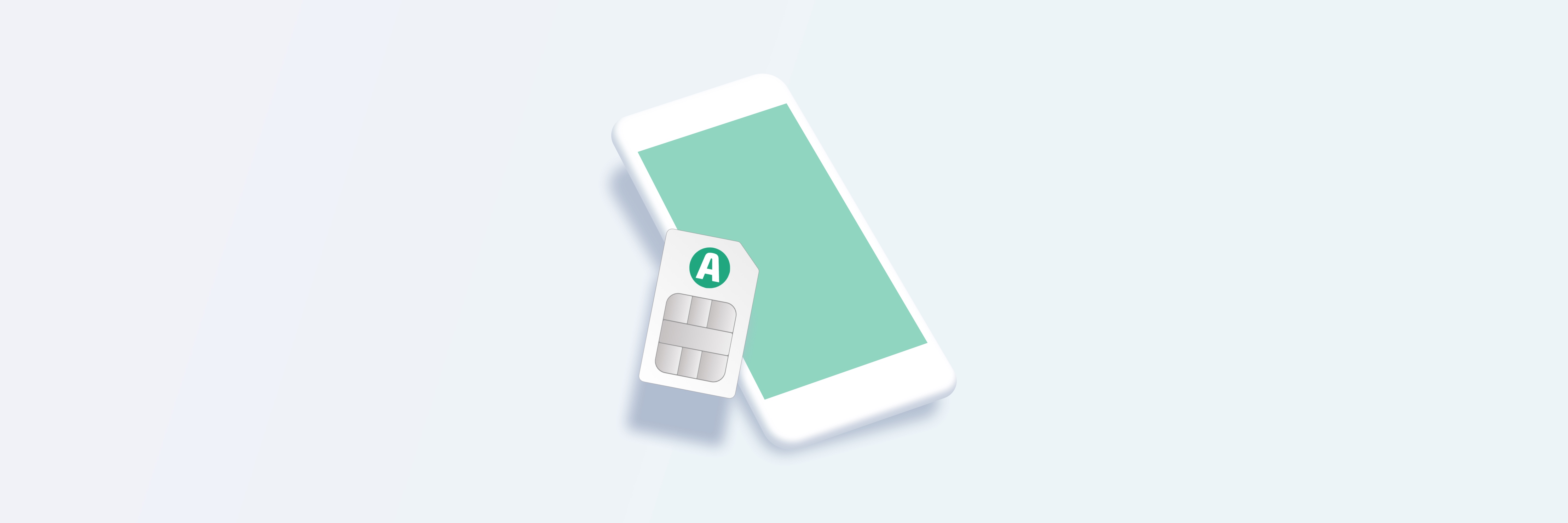banner of a phone with a light green screen and a sim card propped next to the phone on a white background