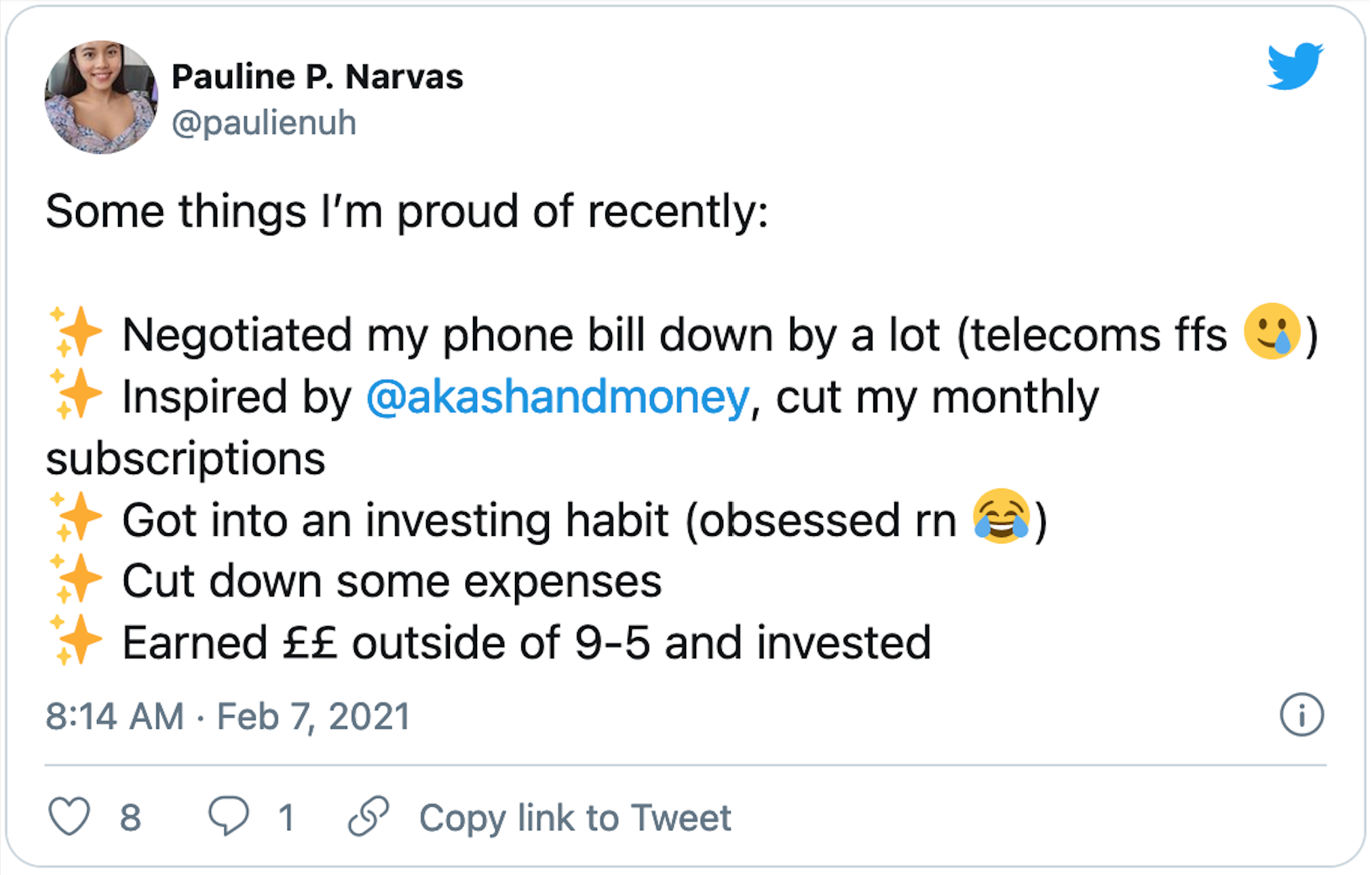 tweet from @paulienuh about how she saves money