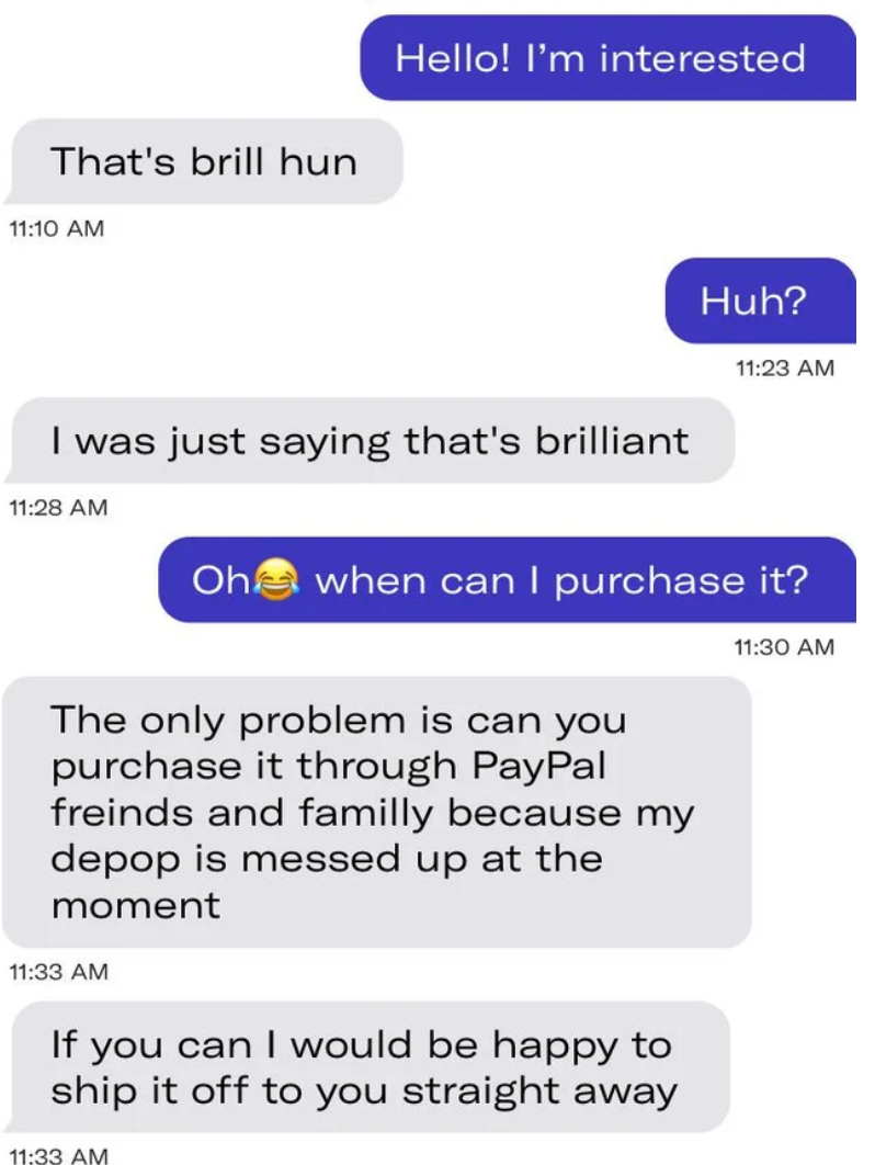 A screenshot from a Depop chat which is highly likely to be a scam via that I found on Reddit