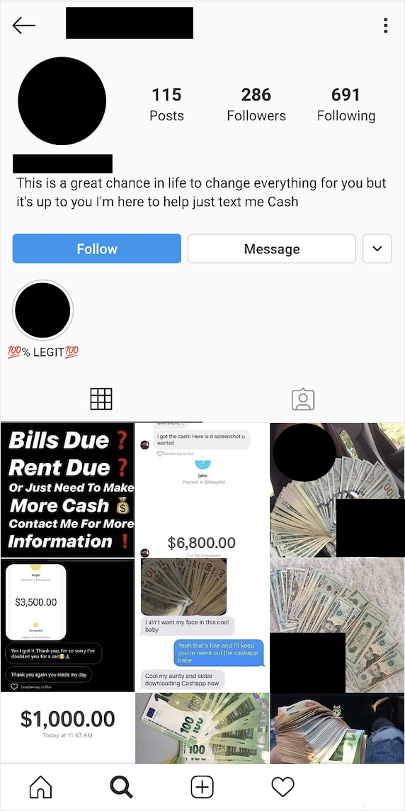 Screenshot of an instagram profile that is likely to be a scammer
