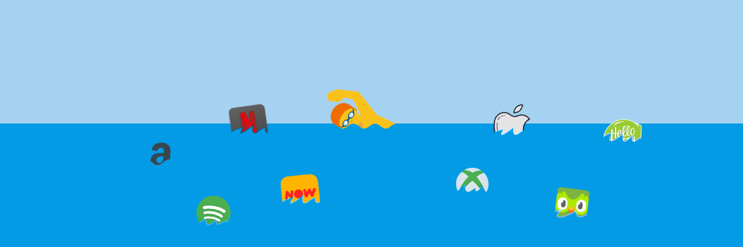 banner of a man (in emoji style) swimming in a sea surrounded by a sea of subscriptions