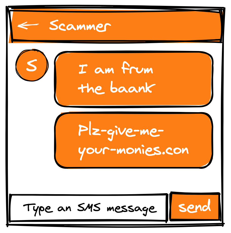 square image of a mocked up screenshot of text messages from a scammer requesting money